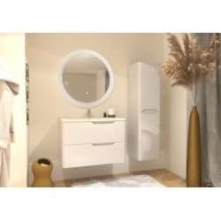 Meuble vasque LUNA Blanc brillant 80 cm avec miroir rond Meuble vasque LUNA Blanc brillant 80 cm avec miroir rond