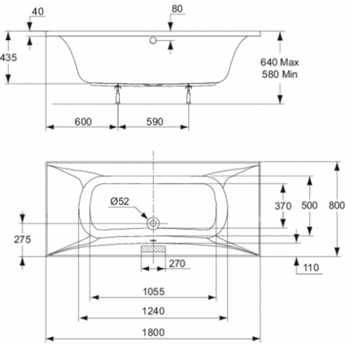 Baignoire à encastrer BAHAMA Duo 180x80cm K180801 cote