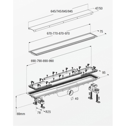 Caniveau de douche à carreler Docia 100 cm - Faible Hauteur Docia faible hauteur schéma
