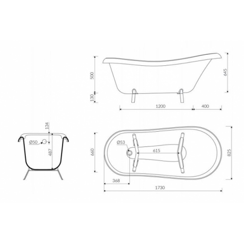 Baignoire rétro ilôt CEDAM 175x75 Fidji pieds Blanc Cedam baignoire fidji schéma