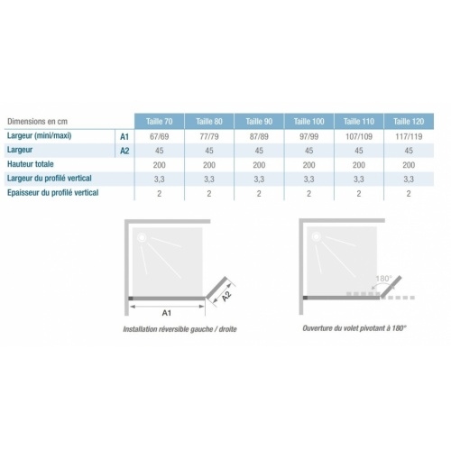 Paroi de douche fixe + volet pivotant KINESPACE DUO 70+45 cm Kinespace duo schéma