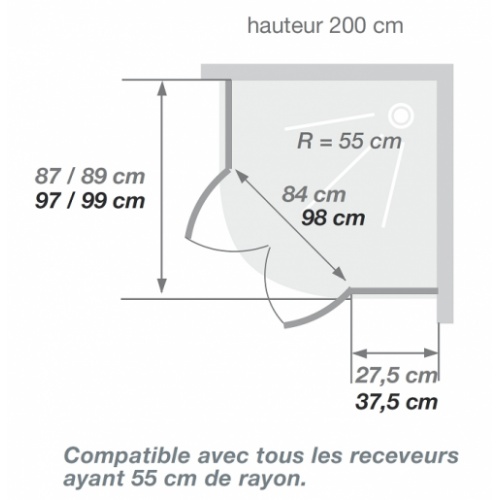 Paroi de douche 1/4 Rond 90x90 Kinespace Kinespace r schéma Paroi de douche 1/4 Rond 90x90 Kinespace Kinespace r schéma