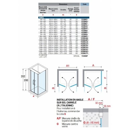 Porte à 2 panneaux battants YOUNG 2B 100cm Aqua Chromé YOUNG 2B - Schéma Porte à 2 panneaux battants YOUNG 2B 100cm Aqua Chromé YOUNG 2B - Schéma
