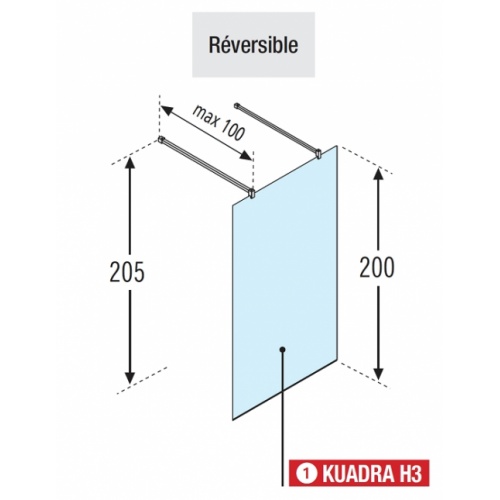 Paroi de douche fixe 115cm Walk in Kuadra H3 Serigraphié Chromé Kuadra h3 schéma Paroi de douche fixe 115cm Walk in Kuadra H3 Serigraphié Chromé Kuadra h3 schéma