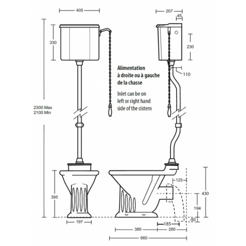 Cuvette WC avec réservoir haut rétro JULIA sortie horizontale 764 cote Cuvette WC avec réservoir haut rétro JULIA sortie horizontale 764 cote