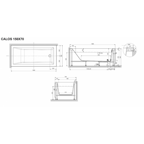 Baignoire CALOS 2.0 - 1 Tablier Frontal - 150x70cm - Blanc Mat CALOS 150x70 Schéma Baignoire CALOS 2.0 - 1 Tablier Frontal - 150x70cm - Blanc Mat CALOS 150x70 Schéma
