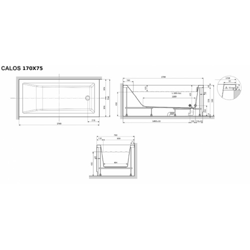 Baignoire CALOS 2.0 SANS tablier - 170x75cm - Blanc Brillant CALOS 2.0 170x75 Schéma Baignoire CALOS 2.0 SANS tablier - 170x75cm - Blanc Brillant CALOS 2.0 170x75 Schéma
