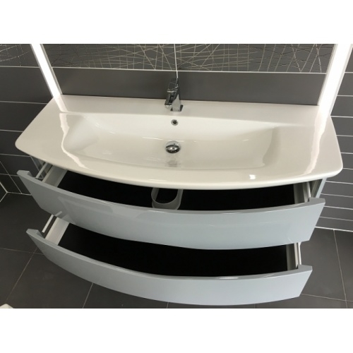 Meuble vasque 130 cm SOLANO avec miroir et éclairage Gris Typhon - Bloc Miroir Solano tiroirs ouverts