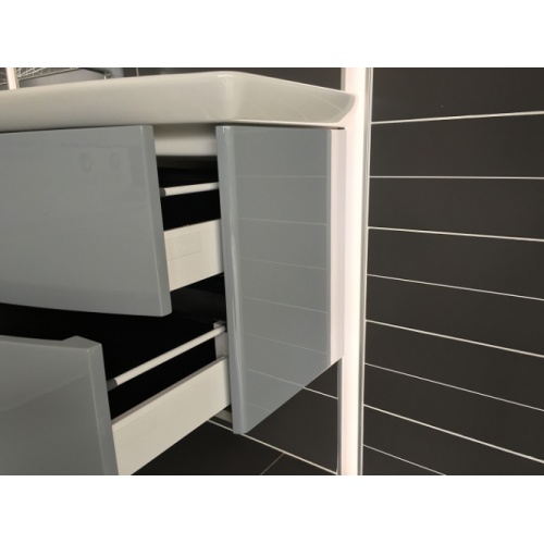 Meuble vasque 130 cm SOLANO avec miroir et éclairage Gris Typhon - Bloc Miroir Solano tiroirs ouverts profil