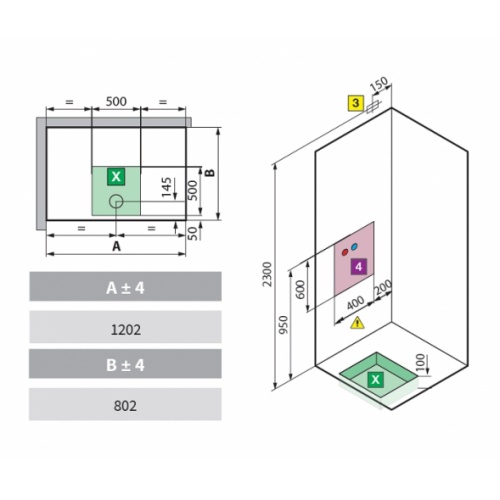 Cabine Eon 2P120x80 Standard Gauche Receveur extra plat Eon schéma pose 2p120x80 gauche extra plat