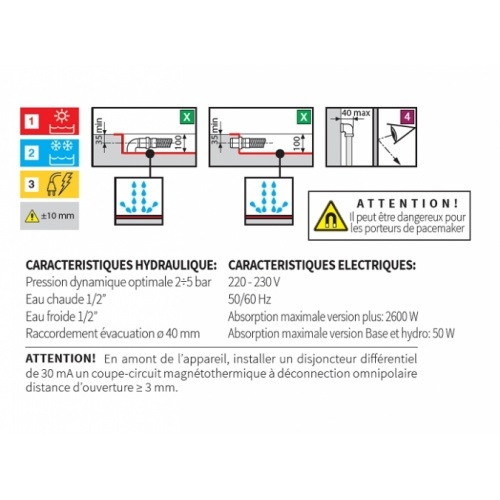 Cabine Eon A100x80 Hydromassage Droite Mitigeur Thermostatique Receveur extra plat Eon schéma pose evacuation extra plat