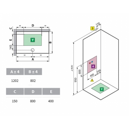 Cabine Eon 2P120x80 Standard Gauche Mitigeur Thermostatique Receveur 11.5 cm Eon schéma pose 2p120x80 gauche