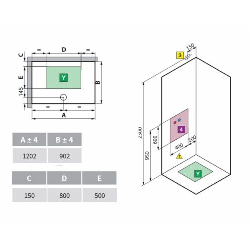 Cabine Eon 2P120x80 Standard Gauche Receveur 11.5 cm Eon schéma pose 2p120x90 gauche