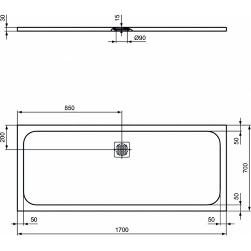 Receveur de douche ULTRAFLAT S+ Blanc 170x70 Plan technique 170x70 Receveur de douche ULTRAFLAT S+ Blanc 170x70 Plan technique 170x70
