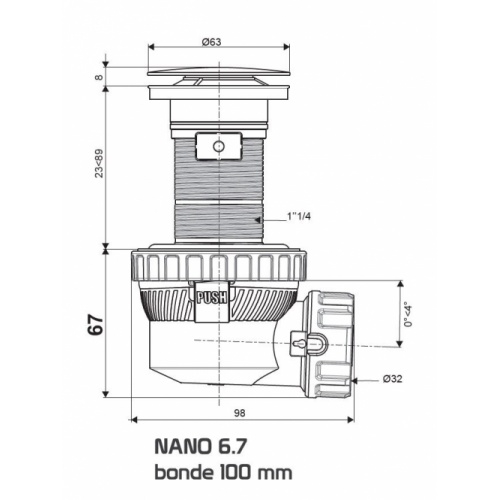 Bonde recoupable et siphon de lavabo ultra compact NANO 6.7 Nano Schéma 