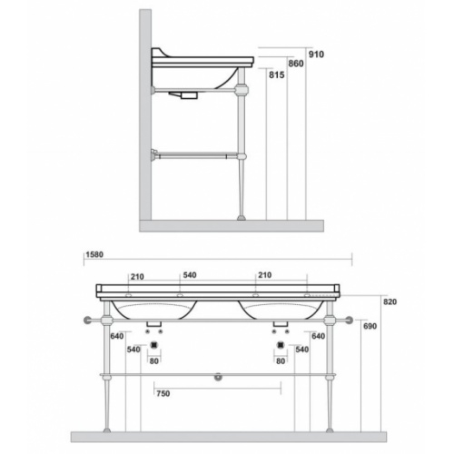 Ens. vasque double rétro 3 trous + piètement chromé WALDORF Piétement métal WD92051 Schéma Ens. vasque double rétro 3 trous + piètement chromé WALDORF Piétement métal WD92051 Schéma