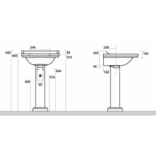 Ens. lavabo rétro 80 cm 3 trous + Colonne céramique WALDORF WD4170 Schéma Technique Ens. lavabo rétro 80 cm 3 trous + Colonne céramique WALDORF WD4170 Schéma Technique