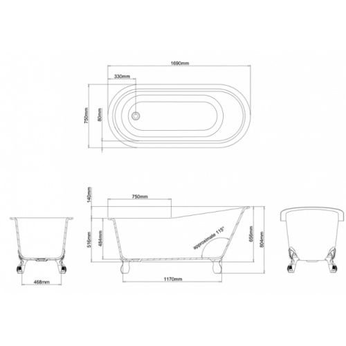 Baignoire à poser CLEARWATER Romano Grande - Pieds Chromés Cotes romano grande n11bcs