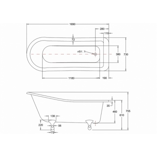 Baignoire Harewood BURLINGTON 170 cm - Pied Standard Classique Chromé Baignoire harewood 170cm burlington pied standard classique côtes