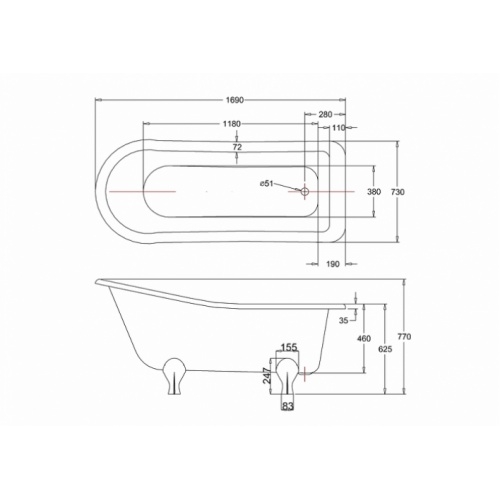 Baignoire Harewood BURLINGTON 170 cm - Pied arqué Chromé Baignoire harewood 170cm burlington pied arqué côtes