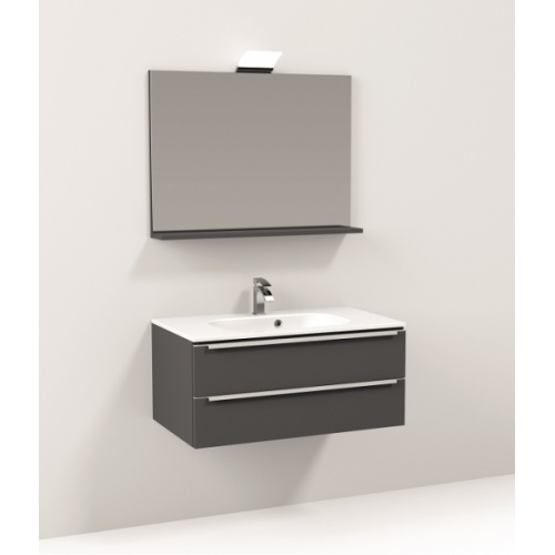 Meuble LEGEND 2 Gris Métallisé Brillant 90 cm - Plan Résine - Bloc Miroir Meuble LEGEND 2 Gris Métallisé Brillant 90 cm - Plan Résine - Bloc Miroir