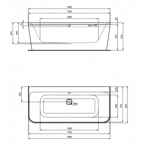 Baignoire Murale TONIC II 180x80cm Idealstandard baignoire murale tonic ii e397801 schéma