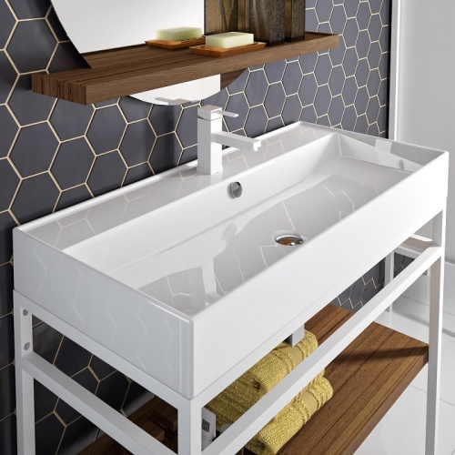 Meuble simple vasque STEEL 100 cm - Blanc Mat et Hêtre Lamina Foncé Steel plan céramique  Meuble simple vasque STEEL 100 cm - Blanc Mat et Hêtre Lamina Foncé Steel plan céramique