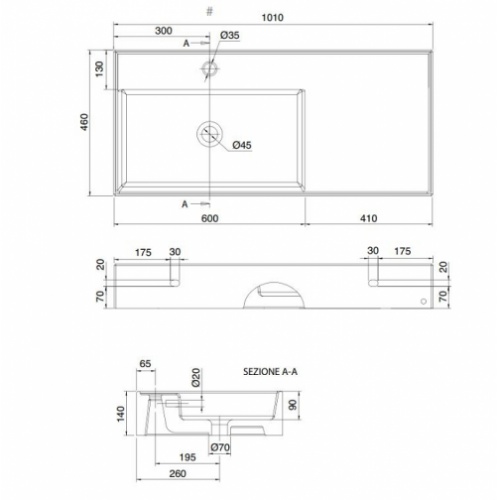 Vasque à poser ou suspendue TEOREMA 2.0 100 cm - Vasque à Gauche 0 5119 schéma Vasque à poser ou suspendue TEOREMA 2.0 100 cm - Vasque à Gauche 0 5119 schéma
