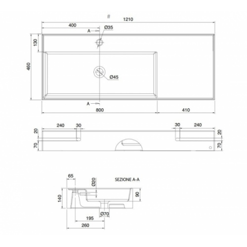 Vasque à poser ou suspendue TEOREMA 2.0 120 cm - Vasque à Gauche 0 5121 schéma Vasque à poser ou suspendue TEOREMA 2.0 120 cm - Vasque à Gauche 0 5121 schéma