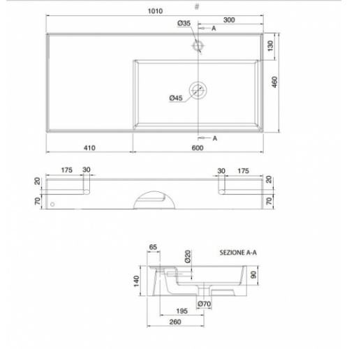 Vasque à poser ou suspendue TEOREMA 2.0 100 cm - Vasque à Droite 0 5120 schéma Vasque à poser ou suspendue TEOREMA 2.0 100 cm - Vasque à Droite 0 5120 schéma