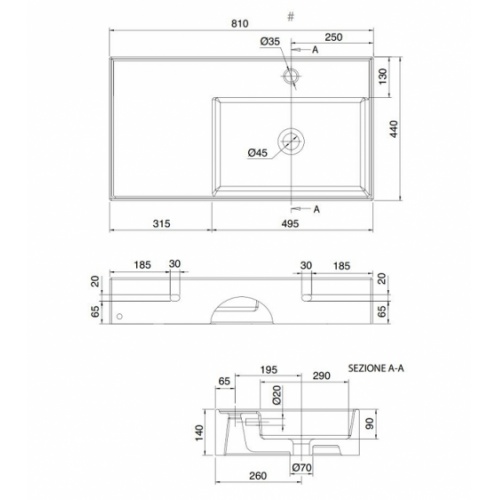 Vasque à poser ou suspendue TEOREMA 2.0 80 cm - Vasque à Droite 0 5118 schéma Vasque à poser ou suspendue TEOREMA 2.0 80 cm - Vasque à Droite 0 5118 schéma
