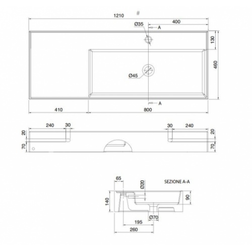 Vasque à poser ou suspendue TEOREMA 2.0 120 cm - Vasque à Droite 0 5122 schéma Vasque à poser ou suspendue TEOREMA 2.0 120 cm - Vasque à Droite 0 5122 schéma