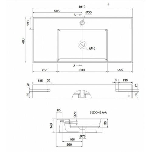 Vasque à poser ou à suspendre TEOREMA 2.0 100 cm - Vasque centrée 0 5124 schéma Vasque à poser ou à suspendre TEOREMA 2.0 100 cm - Vasque centrée 0 5124 schéma