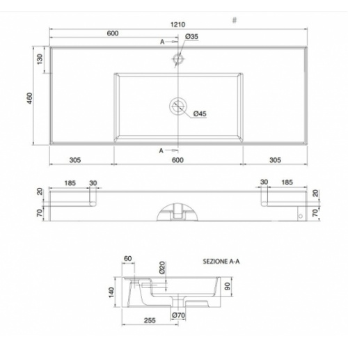 Vasque à poser ou suspendue 120 cm TEOREMA 2.0 - Vasque centrée 0 5125 schéma Vasque à poser ou suspendue 120 cm TEOREMA 2.0 - Vasque centrée 0 5125 schéma