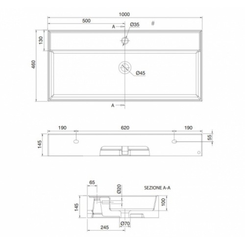 Vasque à poser ou suspendue 100 cm TEOREMA - 1 trou 0 5106r 100a schéma Vasque à poser ou suspendue 100 cm TEOREMA - 1 trou 0 5106r 100a schéma