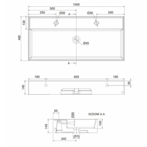 Vasque à poser ou à suspendre TEOREMA 2.0 100 cm - 2 trous - Noir Mat 0 5106r 100b schéma Vasque à poser ou à suspendre TEOREMA 2.0 100 cm - 2 trous - Noir Mat 0 5106r 100b schéma