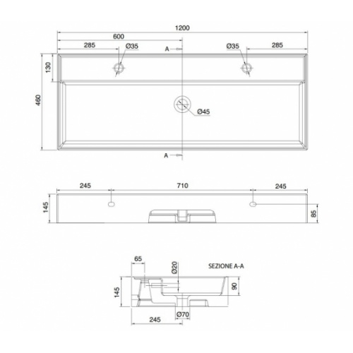 Double vasque à poser ou suspendue 120 cm TEOREMA - 2 trous 0 5107r 120b schéma Double vasque à poser ou suspendue 120 cm TEOREMA - 2 trous 0 5107r 120b schéma