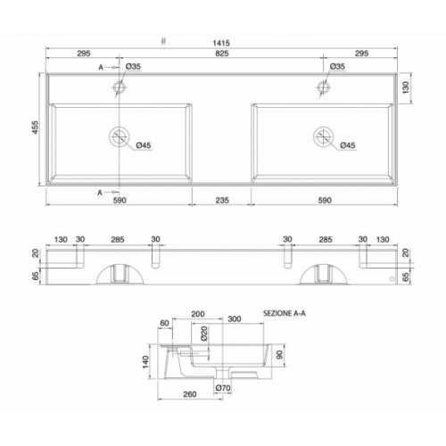 Double vasque à poser ou suspendue 140 cm TEOREMA 0 5116 schéma Double vasque à poser ou suspendue 140 cm TEOREMA 0 5116 schéma