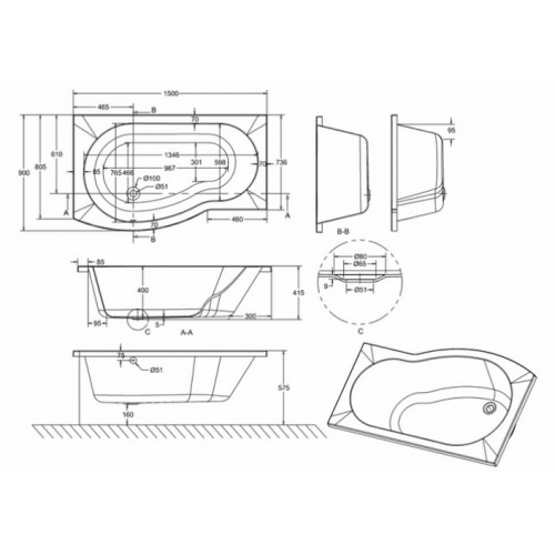 Baignoire-douche ECOROUND Cleargreen - 150 cm - Version Gauche Ecoround 150 gauche schéma Baignoire-douche ECOROUND Cleargreen - 150 cm - Version Gauche Ecoround 150 gauche schéma