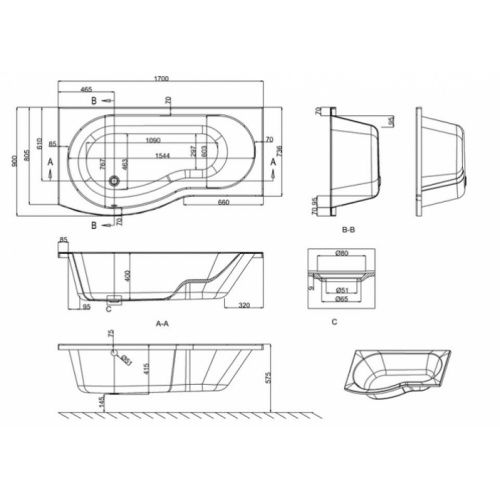 Baignoire-douche ECOROUND Cleargreen - 170 cm - Version Gauche Baignoire ecoround gauche 170 schéma