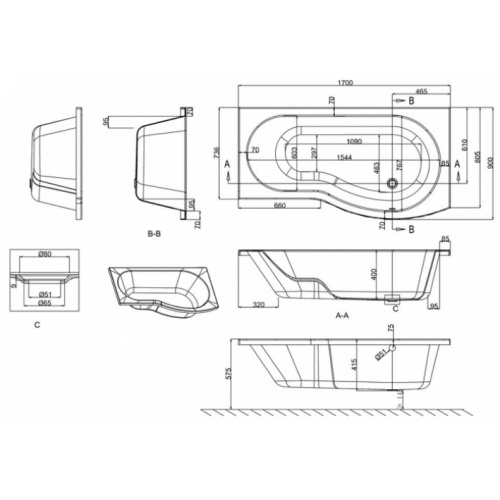 Baignoire-douche ECOROUND Cleargreen - 170 cm - Version Droite Baignoire ecoround droite 170 schéma