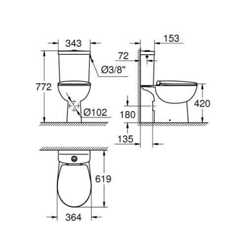 WC à poser GROHE Bau Ceramic sans bride - Abattant frein de chute Grohe 39496000 bau ceramic à poser schéma WC à poser GROHE Bau Ceramic sans bride - Abattant frein de chute Grohe 39496000 bau ceramic à poser schéma