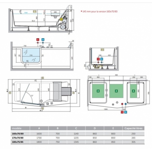 Combiné Bain/Douche IRIS 180x75/85 - Version gauche - SANS Tablier Schéma technique iris version gauche Combiné Bain/Douche IRIS 180x75/85 - Version gauche - SANS Tablier Schéma technique iris version gauche