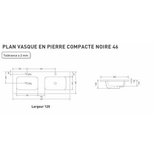 Meuble double vasque HARMONIE - Opale noire et Cottage Noyer Schéma technique PLan pierre compacte 120cm DV