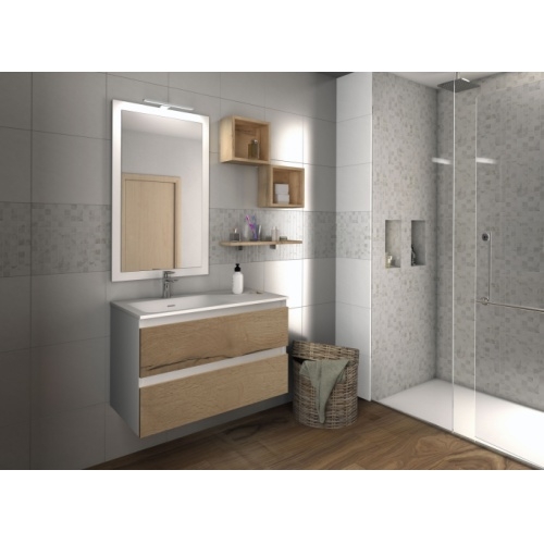 Meuble simple vasque bicolore 90 cm RIVAGE Opale Blanc et Chêne Brut Meuble simple vasque bicolore 90 cm RIVAGE Opale Blanc et Chêne Brut