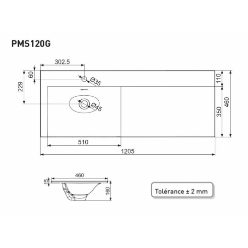 Meuble RIVAGE 120cm vasque à gauche Bicolore Chêne Clair PMS120G Schéma Meuble RIVAGE 120cm vasque à gauche Bicolore Chêne Clair PMS120G Schéma