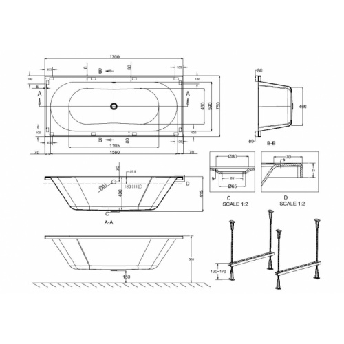 Baignoire rectangulaire VERDE Cleargreen 170x75 cm Verde 170x75