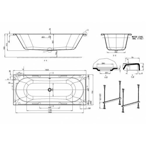 Baignoire rectangulaire VERDE Cleargreen 180x75 cm Verde 180x75