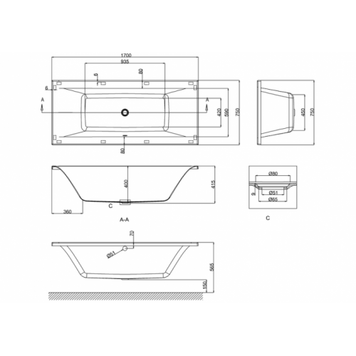Baignoire rectangulaire ENVIRO 170x75 cmCleargreen Enviro 170x75 Schéma