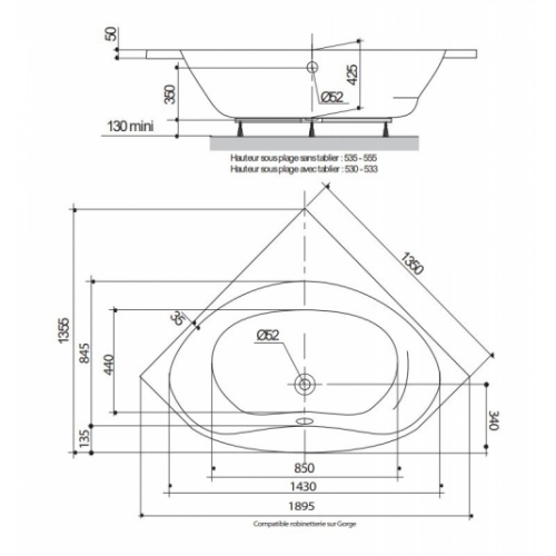 Baignoire d'angle NALIA 145x145 cm - AVEC Tablier NALIA 135 Schéma